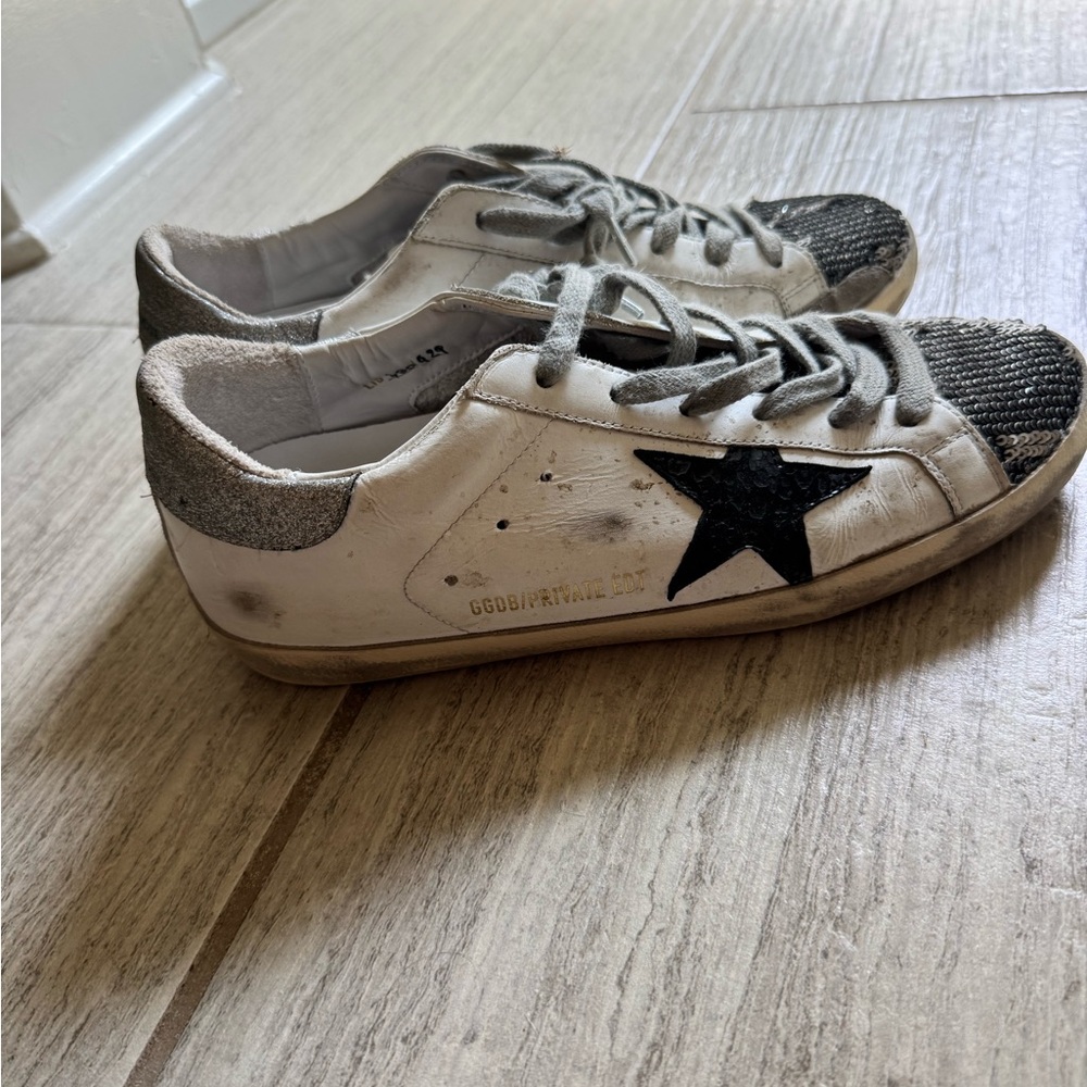 Golden Goose White Sneakers with Black Star and Silver Heel